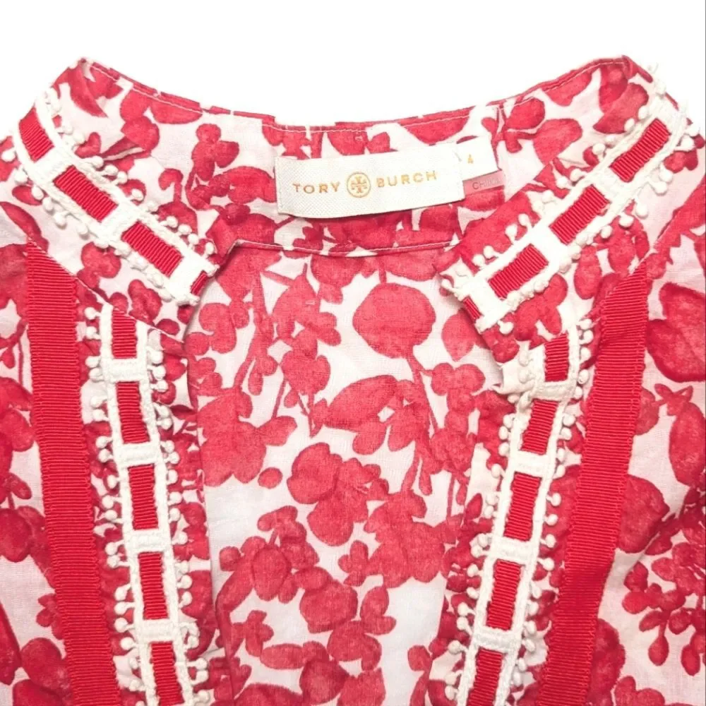Tory Burch Red Floral Crochet Ribbon Details Blouse